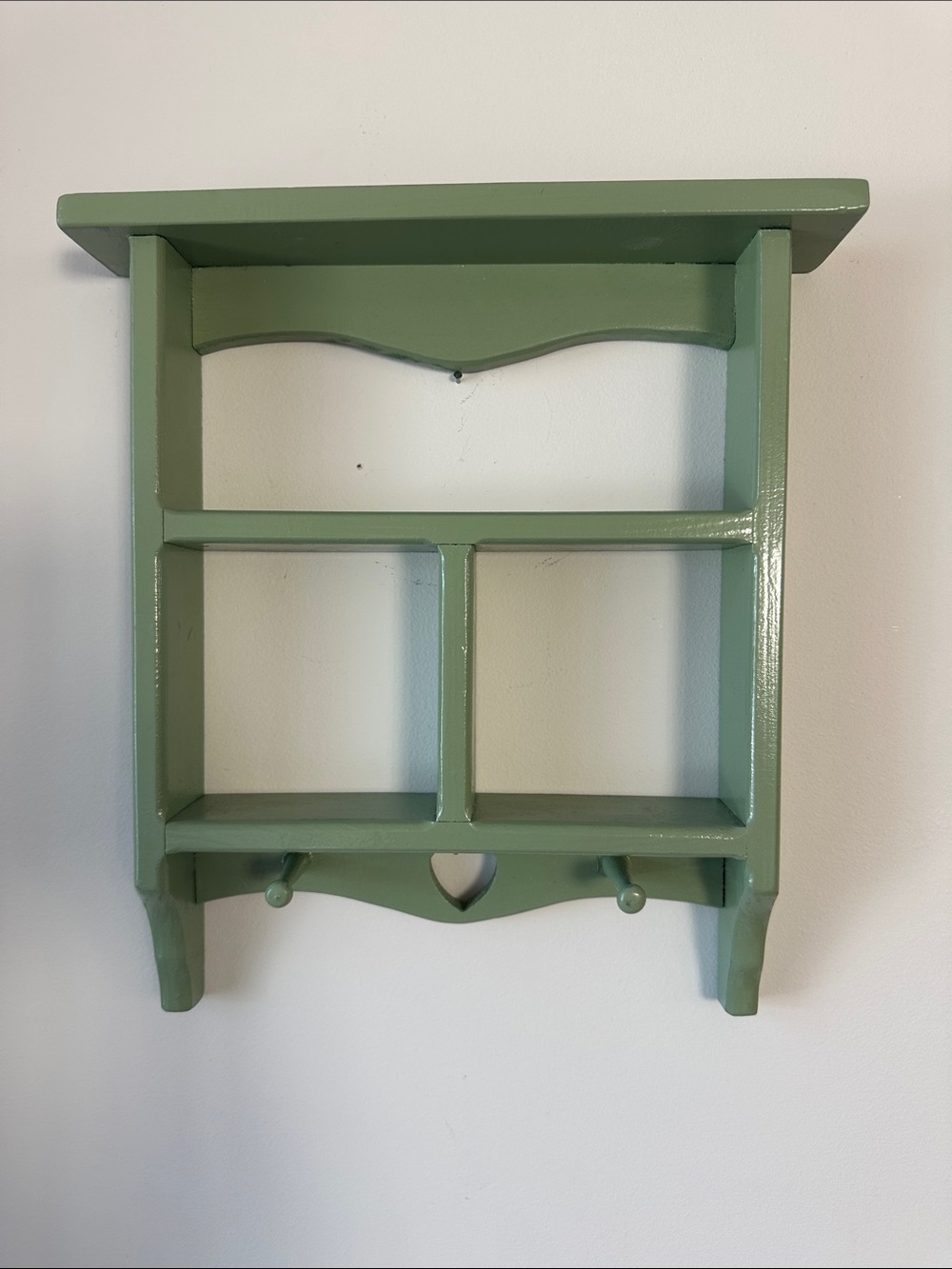 Cottagecore Sage Green Wood Tiered Curio Display Shelf Heart Cutout and Pegs